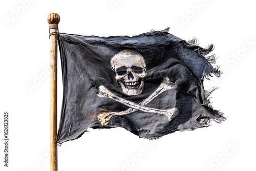 Tattered jolly roger pirate flag waving on wooden pole isolated on transparent background