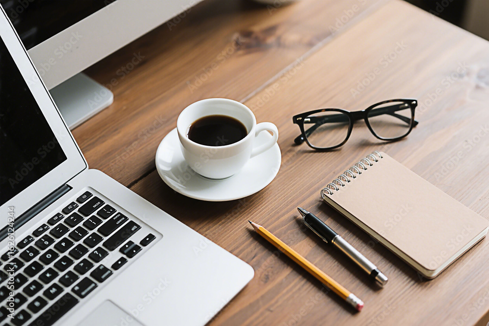 Workspace Essentials: Laptop, Coffee, and Office Supplies Workspace Essentials: Laptop, Coffee, and Office Supplies