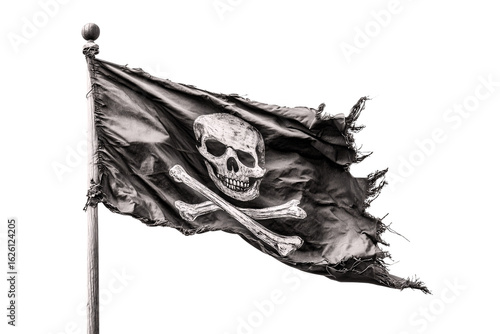 Tattered pirate flag with skull and crossbones isolated on transparent background