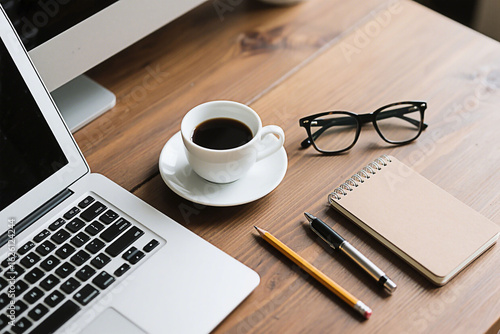 Workspace Essentials: Laptop, Coffee, and Office Supplies