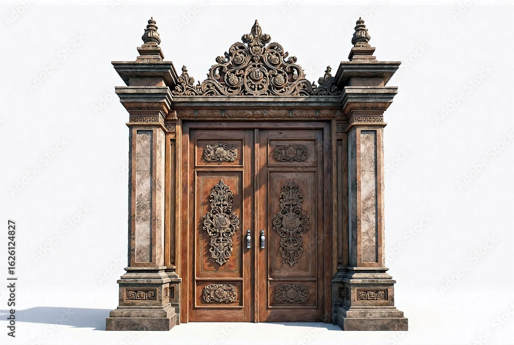 Fototapeta premium Traditional Carved Wooden Gate with Ornate Stone Pillars Isolated on White Background