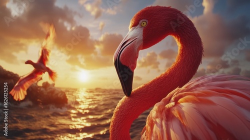 Pink flamingo and bird at sunrise over ocean. Majestic sunrise view of flamingo and bird in flight over ocean.