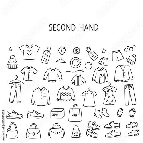 Second hand clothing and footwear icons. Give your clothes a second life. Second hand clothing. Trade bazaar. Rare items. Stylish finds