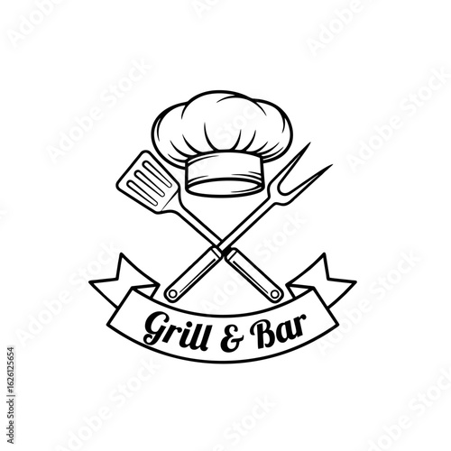 Bar and Grill Logo With Chef Hat, Crossed Tools, and Retro Script, Black Outline Only
