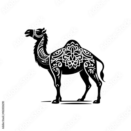Ornate Black Camel Silhouette with Intricate Patterns 1.