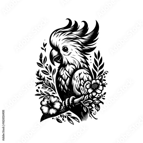 Elegant Black and White Cockatoo with Floral Accents.