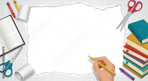 Blank Note Paper with School Supplies for Educational Background
