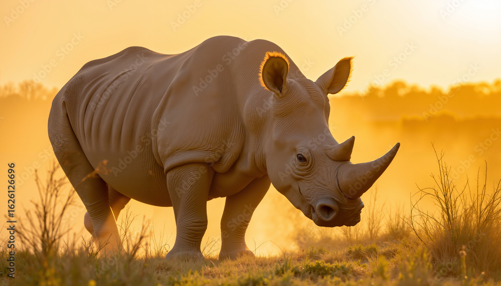 Fototapeta premium Rhinoceros standing in golden light in natural grassland habitat 