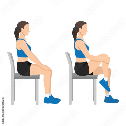 Seated Hip and Glute Stretch on Chair. Flat vector illustration isolated on white background