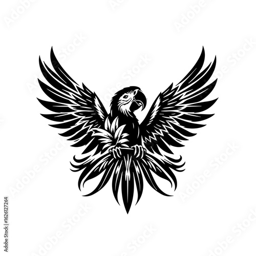 Stylized Black Macaw Parrot with Wings Spread.