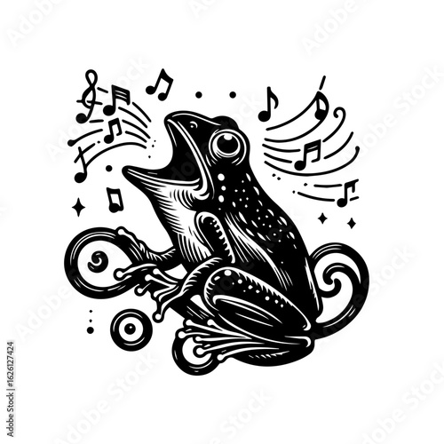 Singing Frog with Musical Notes and Swirls.
