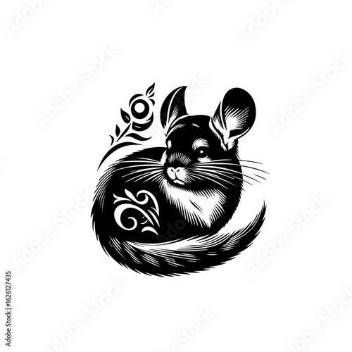 Stylized Black Chinchilla with Floral Ornament.