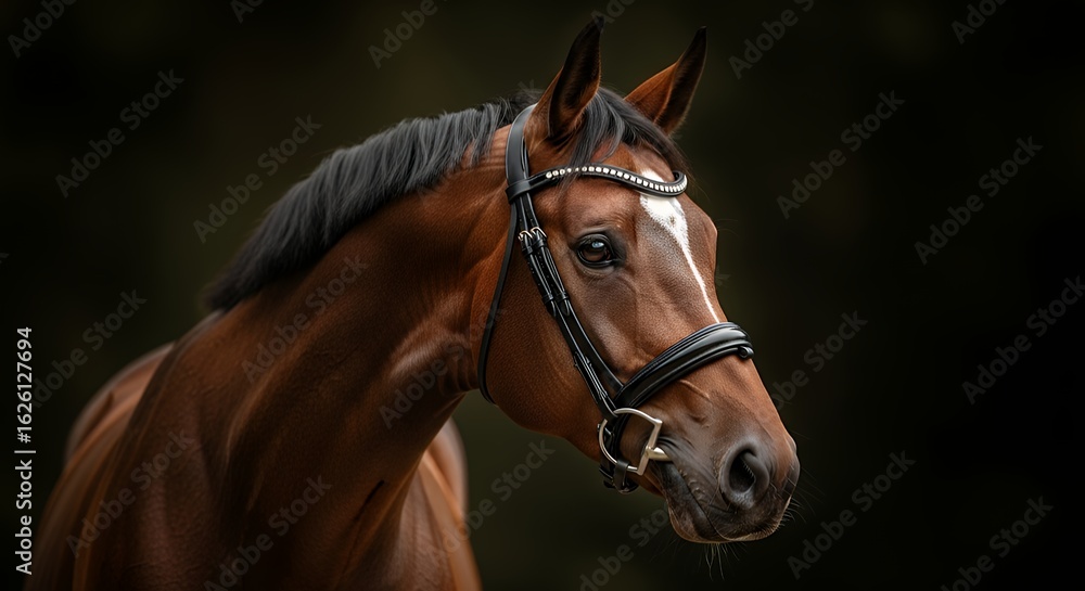 Obraz premium Elegant Chestnut Horse with Bridle Against Dark Backdrop, Striking Portrait