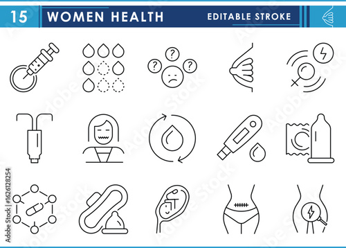 A set of line icons related to Women Health. Women, health, pregnant, mensuration, pain, medicine, and so on. Vector editable stroke.