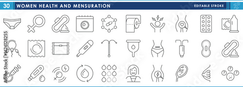 A set of line icons related to Women Health. Women, health, mensuration, cycle, pad, gynecology, medicine, mood, and so on. Vector editable stroke.