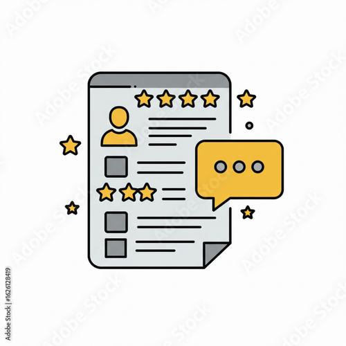 Vector illustration of online review form with rating stars and checklist
