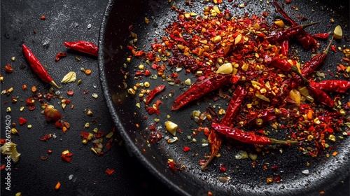 Fiery Spice Symphony: An overhead view of a black pan showcases an artful arrangement of red chili peppers and chili flakes, creating a dynamic tableau of flavor and visual intensity. 