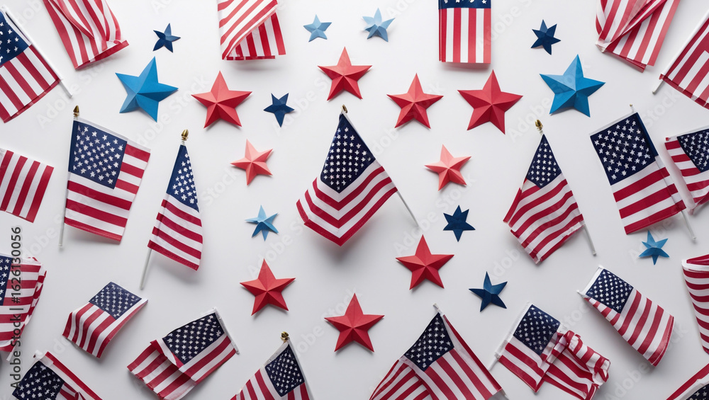 Obraz premium Overhead arrangement of american flags and star decorations on a white surface, perfect for celebrating patriotic holidays like independence day, memorial day, and other national events