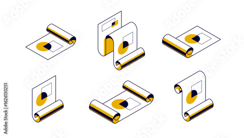 Engineering project concept set, paper document blueprint engineer work job vector 3D isometric illustration, abstract plan drawing, cad scheme icon.