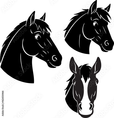 Stylized horse head silhouette set. Vector graphic collection of three equine profiles for mascots and emblems.