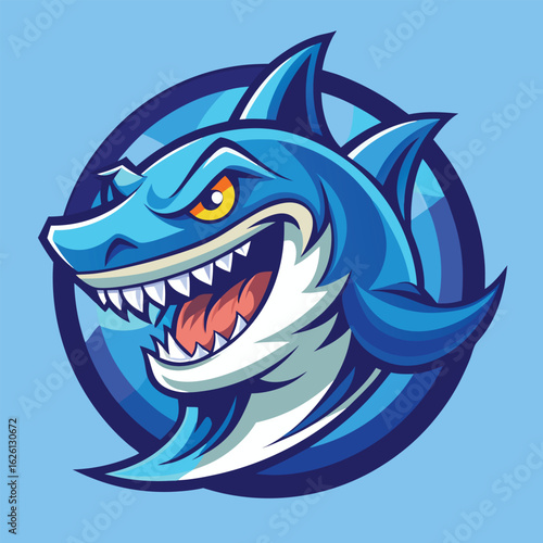 Stylized blue shark head roaring with sharp teeth vector