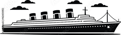 Vintage ocean liner silhouette sailing through clouds on a calm sea