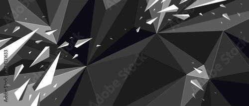 Low poly background with particles debris in motion vector design, 3D dynamic surface with debris explosion, triangular elements flying over polygonal backdrop.