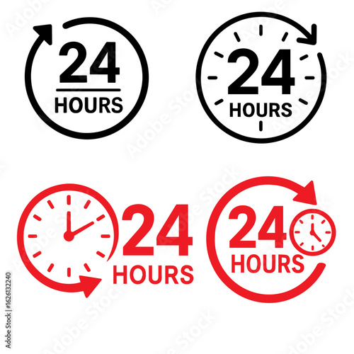 Red 24 Hours Clock Icons time round the clock