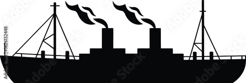 Classic steamship with multiple smokestacks emitting smoke in a stark black silhouette
