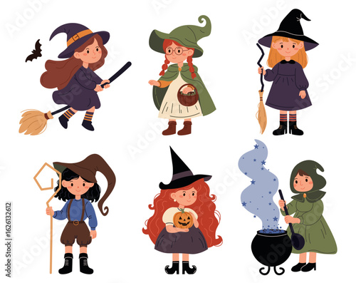 Cute cartoon illustration of young witches in various poses with brooms, cauldrons, pumpkins, and magic elements, ideal for Halloween designs, kids' books, and festive decor