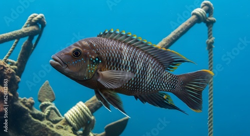 A colorful striped fish explores a submerged shipwreck anchor, showcasing a vibrant underwater ecosystem