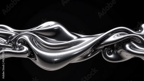 Dynamic liquid metal wave flows smoothly, reflecting light and creating mesmerizing abstract motion