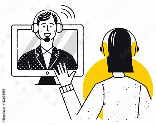 online video conference communication vector illustration, customer support agent on computer screen, remote work and virtual meeting concept

