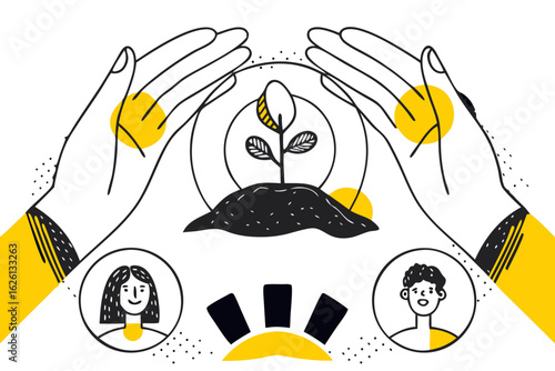 Sustainable care for a growing plant with hands protecting it, and abstract background elements.

