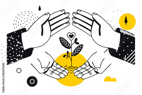 Sustainable care for a growing plant with hands protecting it, and abstract background elements.


