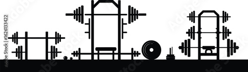 Gym equipment including weight racks barbells dumbbells and weight plates in a clean black silhouette