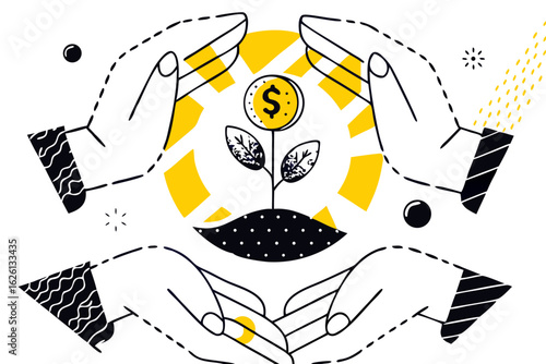 Business finance and investment growth concept, a vector illustration showing two pairs of hands protecting a growing plant with a dollar coin as a flower, symbolizing financial security, savings, and