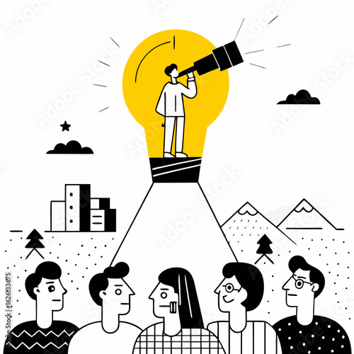 Long title describing a group of people looking up at a person with a telescope inside a bright lightbulb, symbolizing innovation and future vision.

