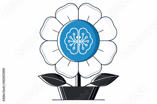 Creative Growth and Mental Development Concept. A Flower with a Brain Symbol as its Center and Leaves. Vector Illustration.

