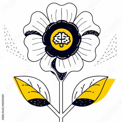 Creative Growth and Mental Development Concept. A Flower with a Brain Symbol as its Center and Yellow Leaves. Vector Illustration.

