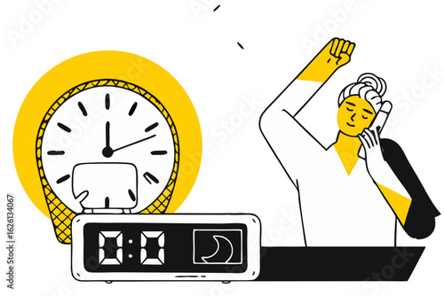 A young woman wakes up in the morning next to an alarm clock, ready to start her day.

