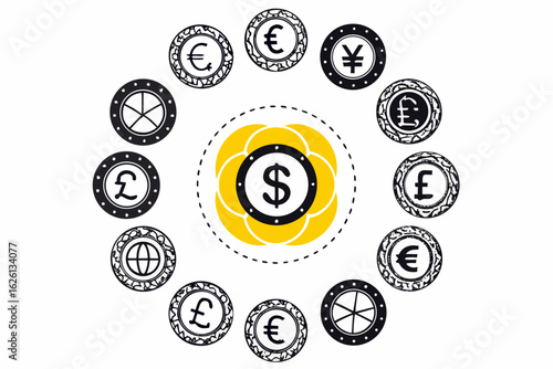 Currency exchange and financial transaction tokens, global finance and investment vector.

