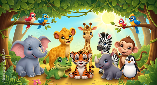 A cheerful group of cute cartoon baby safari animals gathered together in a sunny, lush jungle setting.