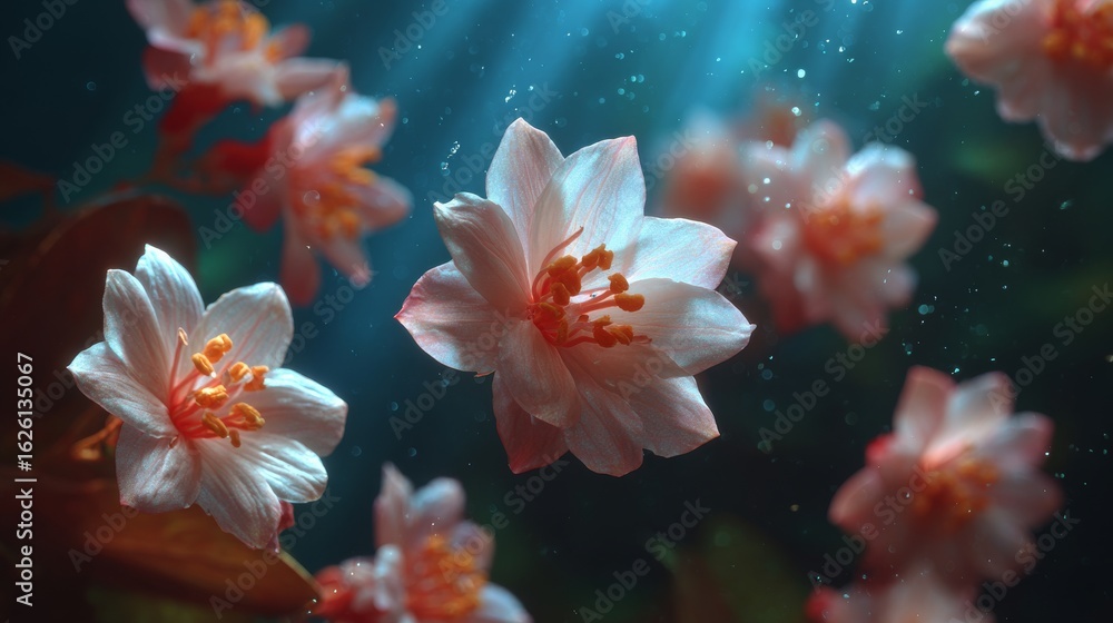 Fototapeta premium Blossoming Wonders: Delicate blooms in ethereal splendor, suspended amidst serene depths, embody tranquility and natural beauty.
