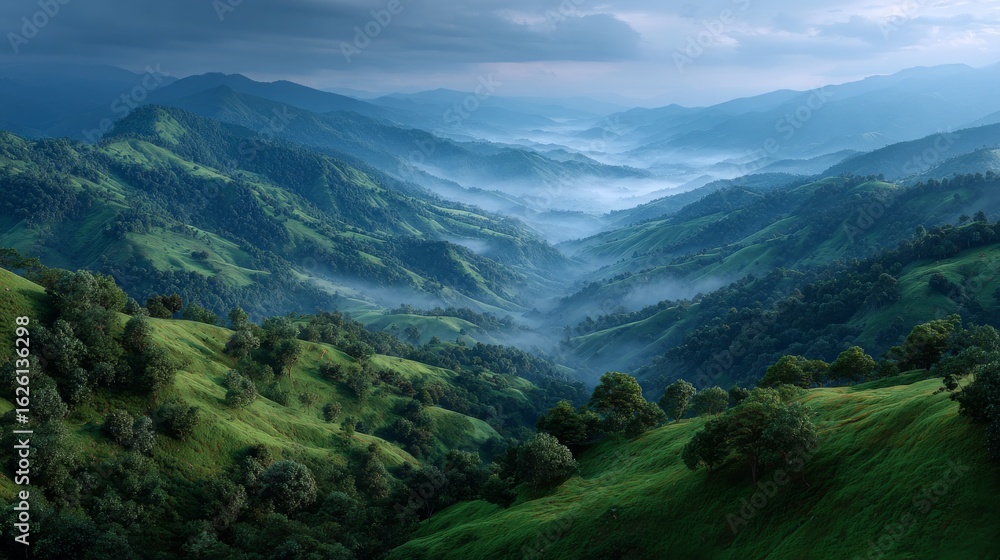 Fototapeta premium Mist-Kissed Peaks: Panoramic vista showcasing rolling hills blanketed in a soft, ethereal fog, evoking a sense of tranquility and the majesty of nature.