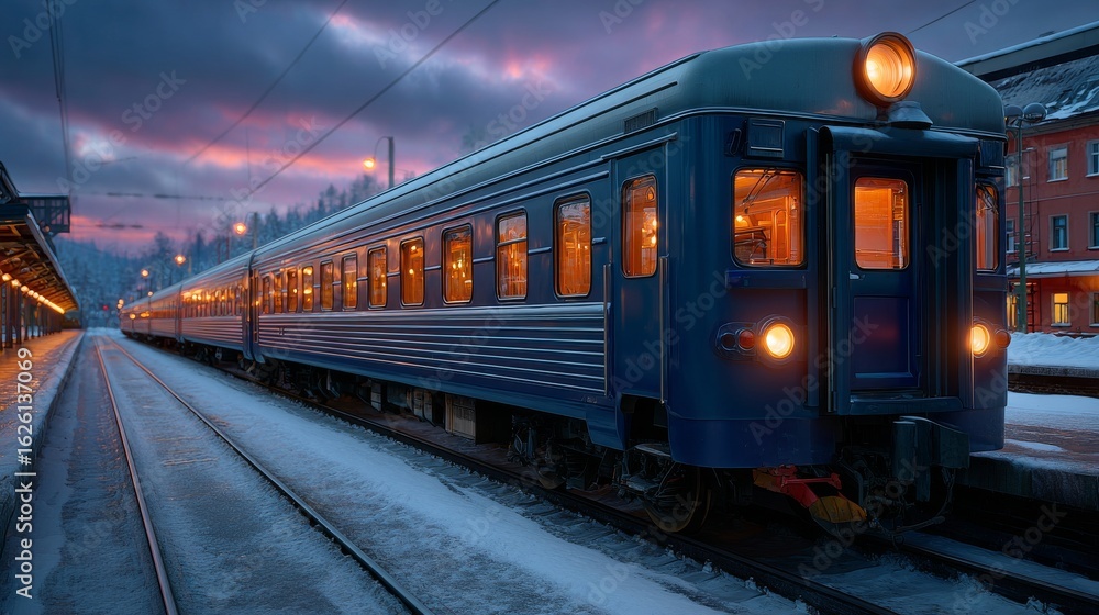 Naklejka premium Vintage Train at Dusk: An atmospheric scene of a vintage train bathed in the soft glow of dusk, waiting at the station. The long exposure amplifies the moment. 