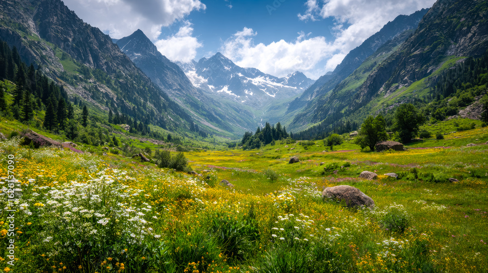 Obraz premium Scenic mountain valley with lush greenery and wildflowers under a partly cloudy sky
