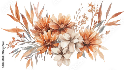 Beautiful watercolor autumn floral arrangement with pampas grass and dahlias in warm tones