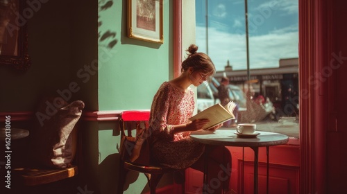girl reading in pastel cafÃ© window with warm sunlight