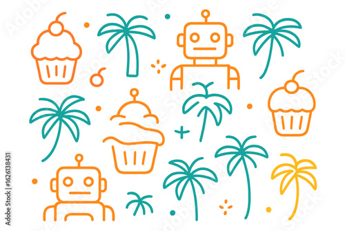 Colorful robot and cupcake design featuring palm trees in a playful summery arrangement